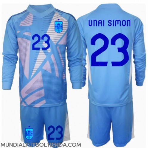 Camiseta España Unai Simon #23 Portero Primera Equipación Replica Eurocopa 2024 para niños mangas largas (+ Pantalones cortos)